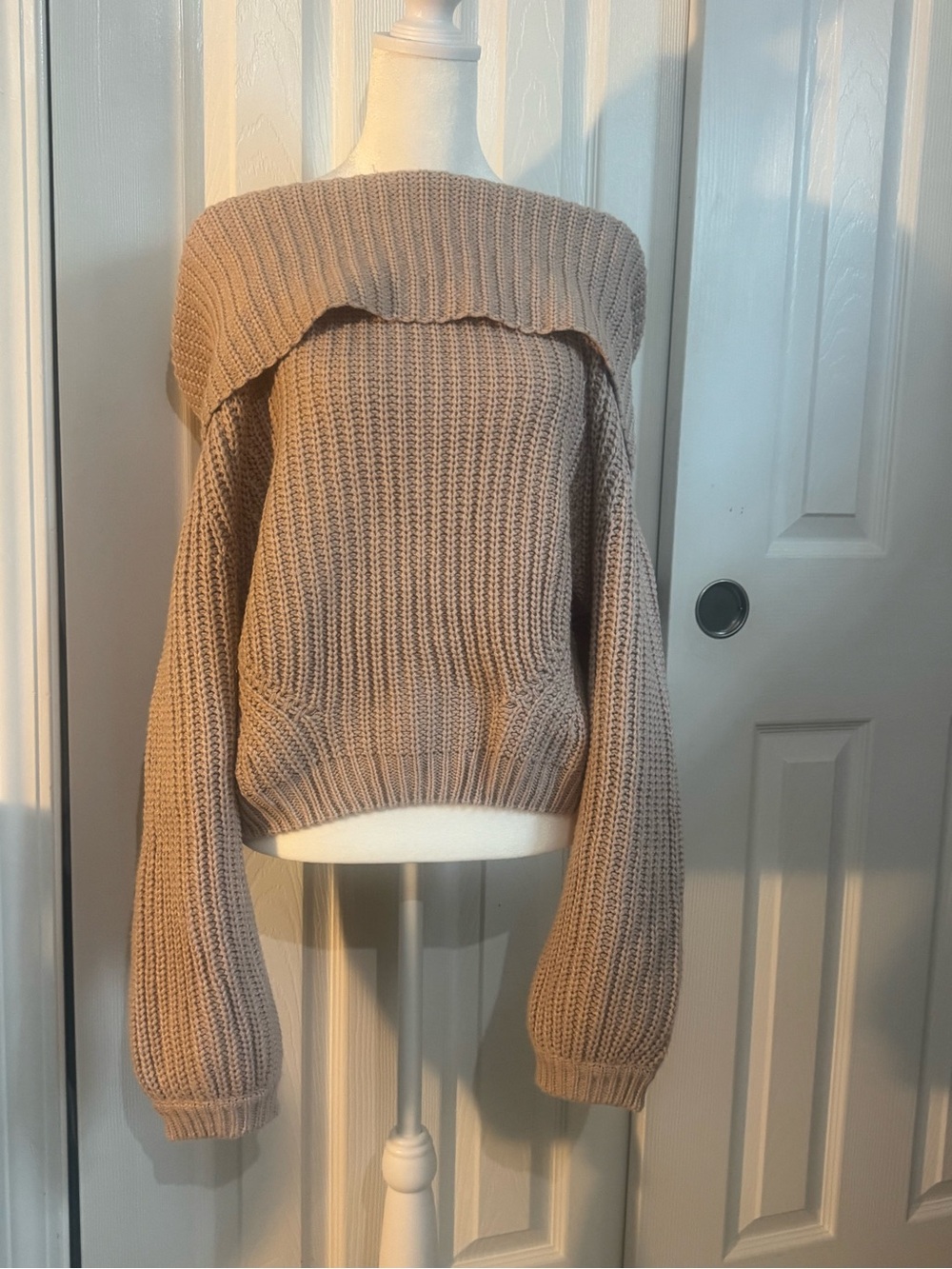 Lulu's Cream Off-the-Shoulder Fold-Over Knit Sweater